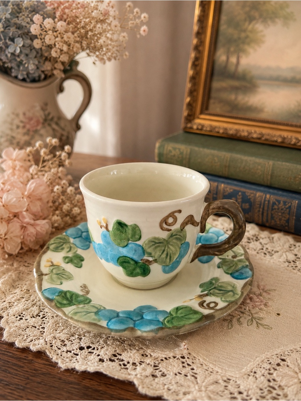 1950s Poppytrail by Metlox Tea Cup & Saucer in Sculptured Grape design
